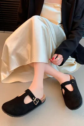 BLACK ROUND TOE BUCKLE STRAP CLOGS MULES SLIDER SANDALS