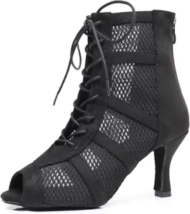 Dance Practice Shoes for Women Mesh Ballroom Sandals Heels Party Prom Ankle Booties with Zip