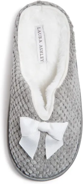 Laura Ashley Womens Memory Foam Slip On Terry Cloth Clog Slippers, Ladies Fuzzy Rubber Bottom Fur Bedroom House Shoes