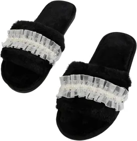 Verdusa Women's Pearls Open Toe Fuzzy House Slippers Faux Fur Bedroom Shoes
