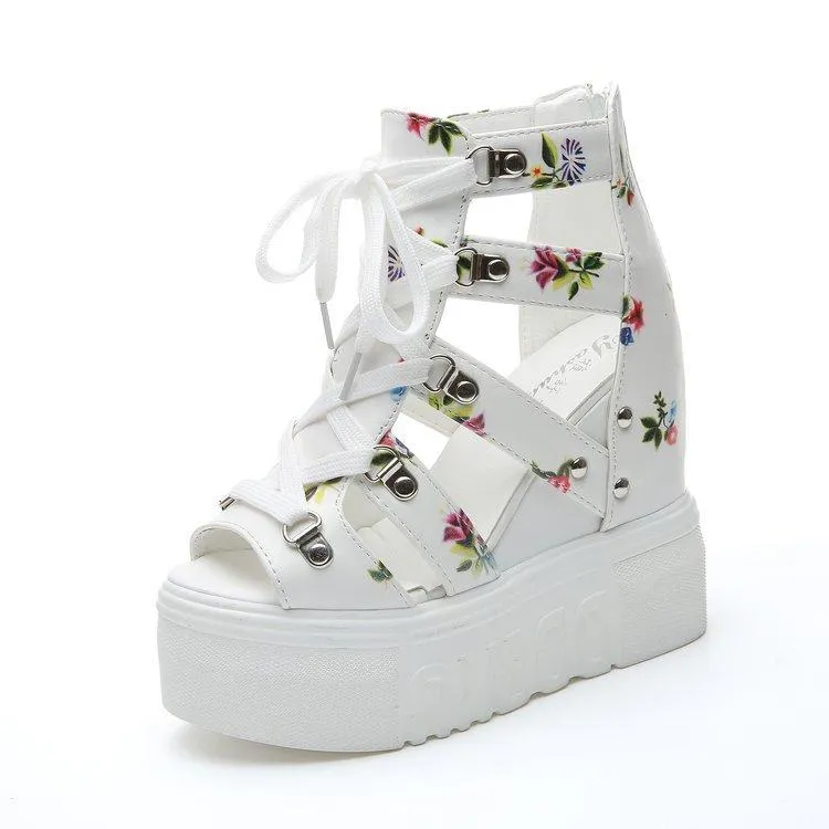 Women's peep toe thick platform wedge front lace sandals