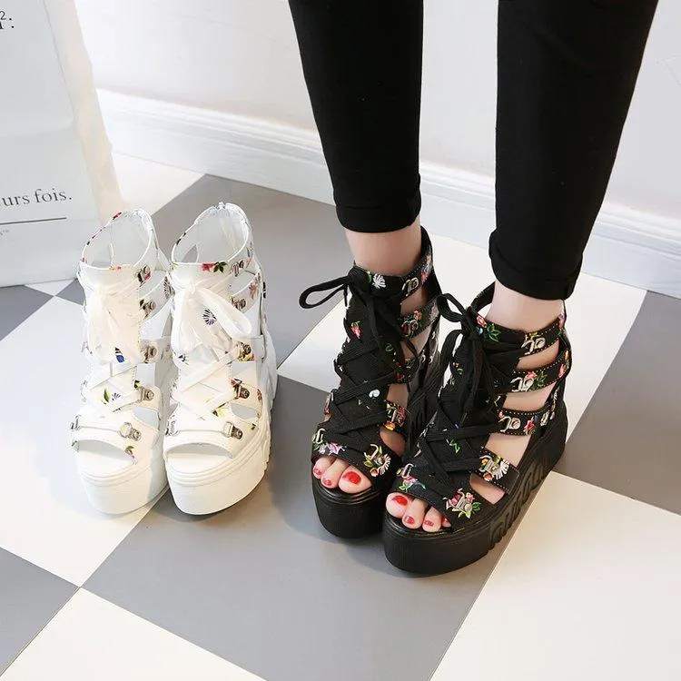 Women's peep toe thick platform wedge front lace sandals