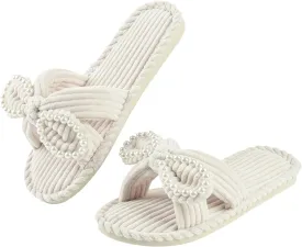 Women's Velvet Slippers Pearl Bow Open Toe Slide House Bedroom Shoes